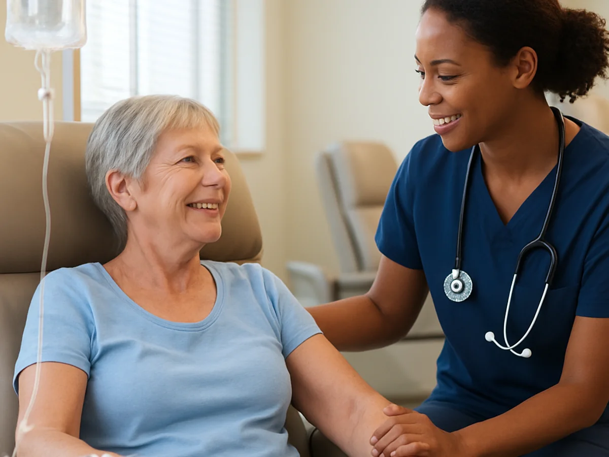 Patient receiving chemotherapy treatment in modern infusion center