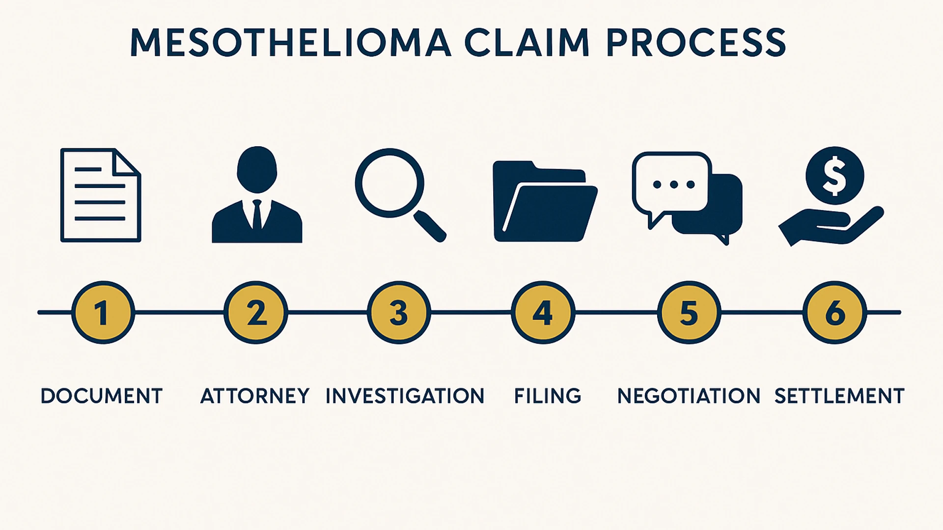 Timeline showing the 6 steps of mesothelioma claim process