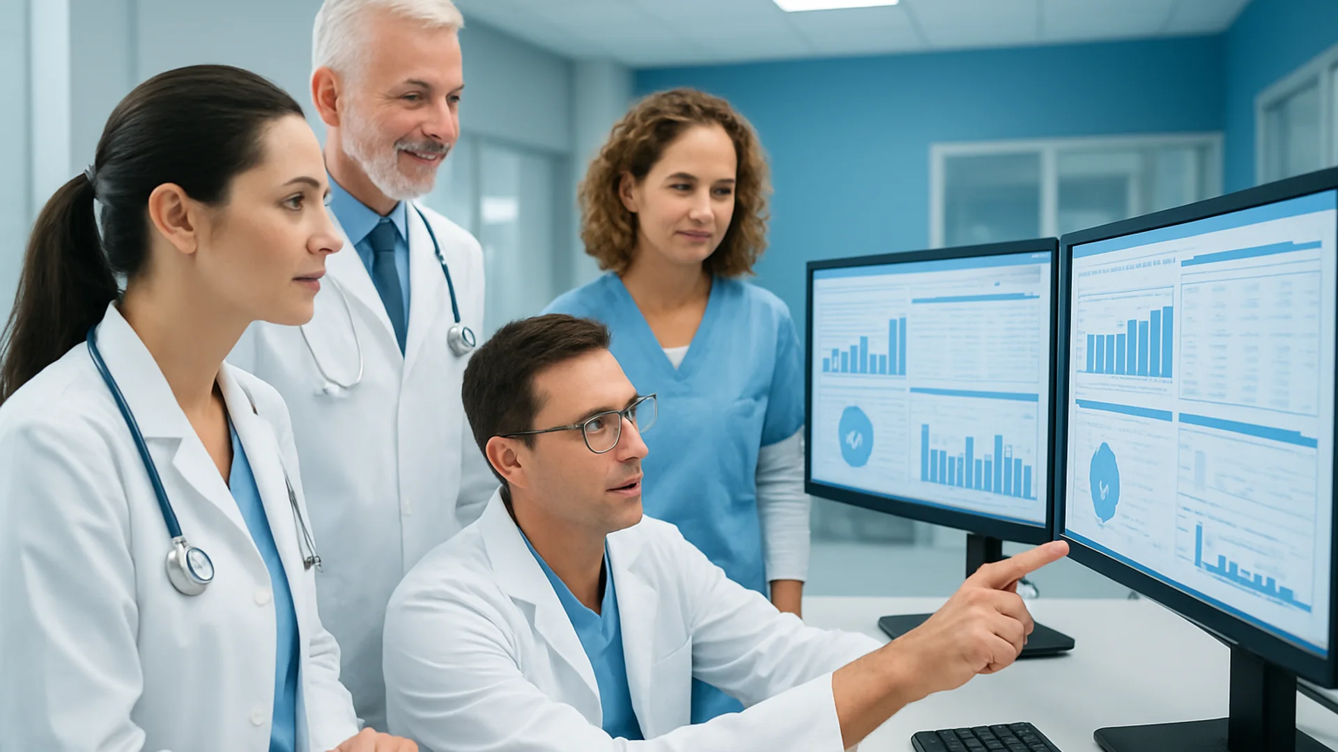 Modern clinical trials research facility with medical professionals