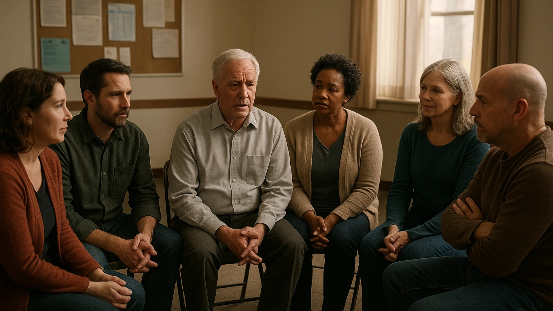 Support group meeting with people sharing experiences