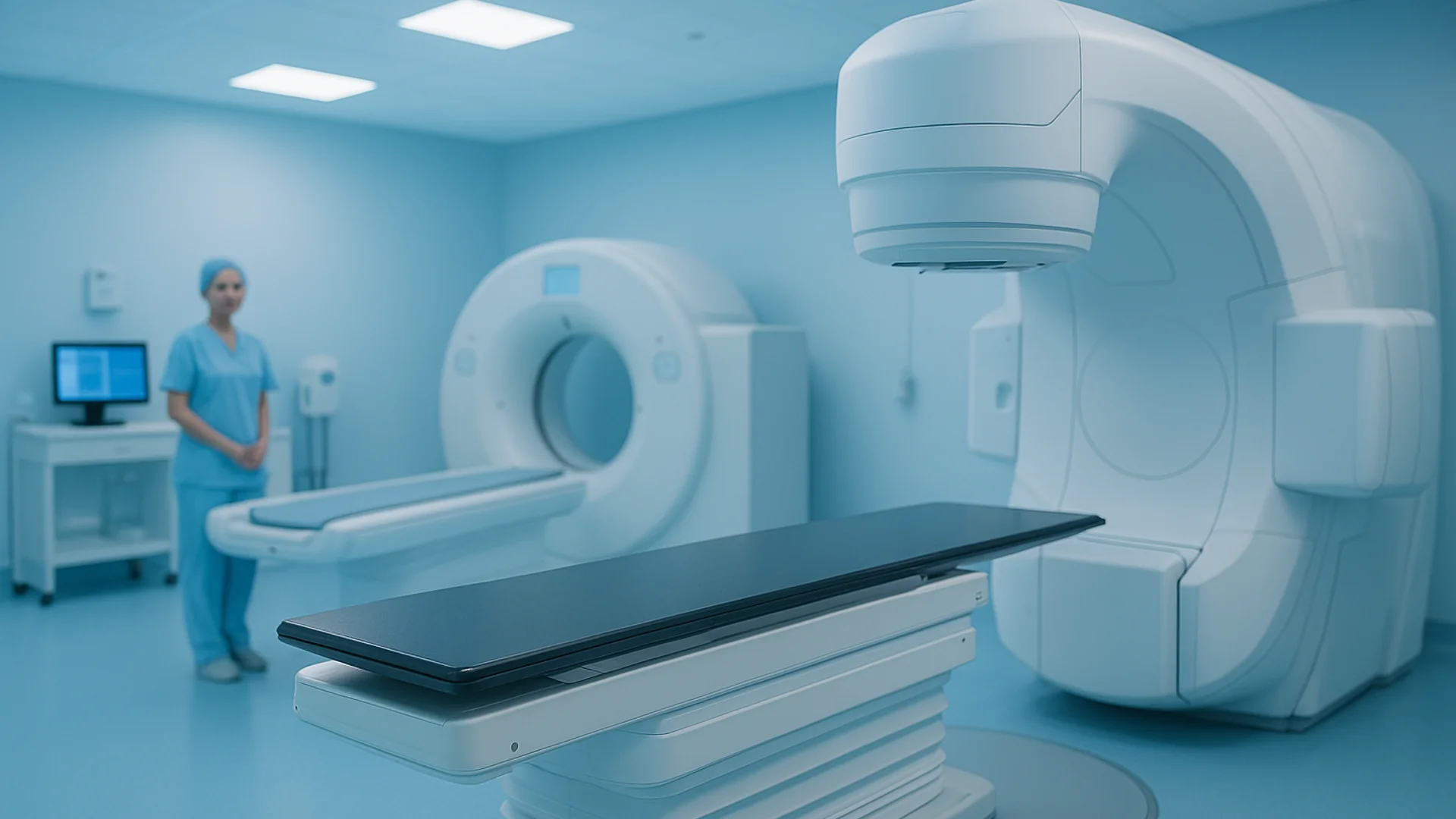 Modern cancer treatment center with advanced radiation therapy equipment